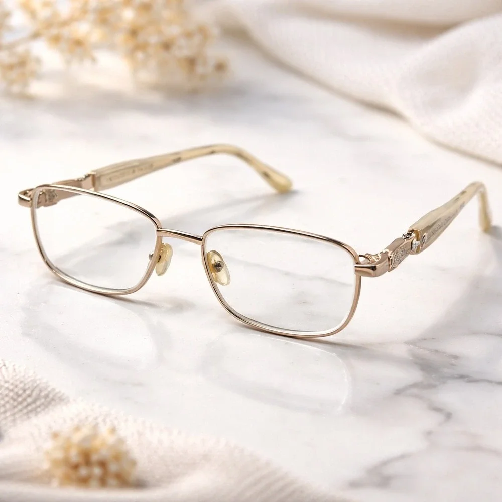 Vintage Librarian Eyeglasses Côte d'Azur‎ 53-17-135 Gold Metal Rhinestone Italy